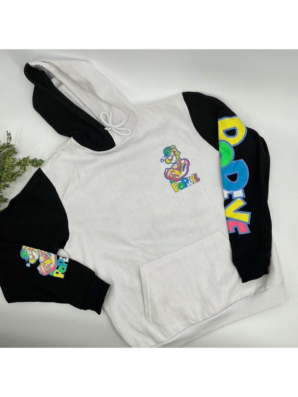 Popeye Neon Graphic Black White Hoodie Sweatshirt Men’s Size L